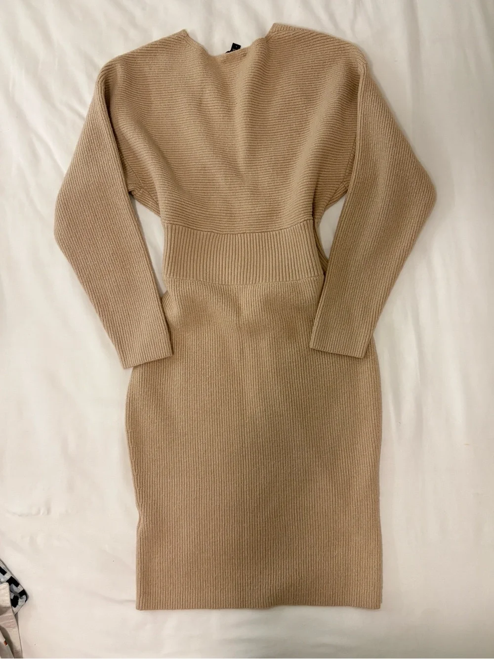 Express Tan Ribbed Wrap-Front Long Sleeve Midi Dress - Picture 2 of 5